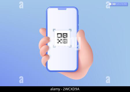 Simbolo dell'icona di scansione del codice QR con la mano 3d che regge il telefono cellulare. Offerta speciale shopping promozione marketing, mockup. concetto di shopping online. Isol vettoriale 3D. Illustrazione Vettoriale