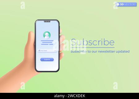telefono cellulare con impugnatura 3d iscriviti al simbolo della promozione newsletter. Invito a entrare a far parte del cliente, concetto di marketing sui social media. Il vettore 3D è Illustrazione Vettoriale