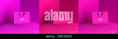 Sacchetto di carta per la spesa. Set di mockup di shopping bag realistiche per il branding e il design dell'identità aziendale. Modello di imballaggio in carta. Per la promozione, sconto Illustrazione Vettoriale