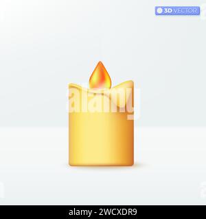 Simbolo realistico 3d dell'icona delle candele bruciate, decorazione notturna e festiva. Cerimonia con fiamma di cera e meditazione natalizia. Illustrati con isolamento vettoriale 3D. Illustrazione Vettoriale