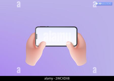 icona telefono cellulare 3d che tiene la mano. Smartphone realistico con schermo vuoto, mockup del telefono. Concetto di modello mobile del dispositivo modificabile. iso vettoriale 3D. Illustrazione Vettoriale