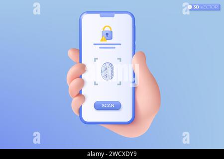 simbolo icona di sicurezza informatica per la scansione delle impronte digitali con maniglia 3d. identità di riconoscimento, concetto di sicurezza dell'autorizzazione biometrica. Isol vettoriale 3D. Illustrazione Vettoriale