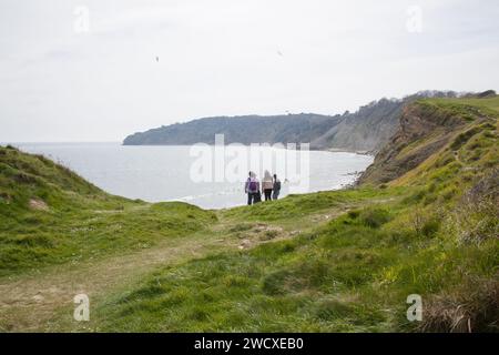 Vista del sentiero costiero a Peveril Point, Swanage, Dorset nel Regno Unito Foto Stock