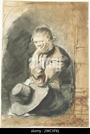 Uomo seduto, Jurriaan Cootwijck, dopo Rembrandt van Rijn, 1724 - 1798 stampa Un uomo è in una nicchia. Sostiene la testa con una mano. Tiene il cappello nell'altra mano. Figura seduta di carta di Amsterdam (+ maschio adulto (essere umano)) Foto Stock