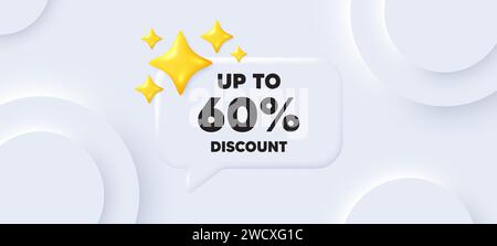 Fino al 60% di sconto. Cartello prezzo offerta di vendita. Sfondo neumorfico. Vettore Illustrazione Vettoriale