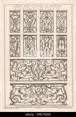 Pilastri a Balkonhekken, Carl Albert von Lespilliez, dopo Francesco di Cuvilliés (Sr.), stampa del 1745 forgiatura oramamentata, otto pilastri e due porte di balconata. Incisione/incisione della carta in Germania (processo industriale). balcone Foto Stock