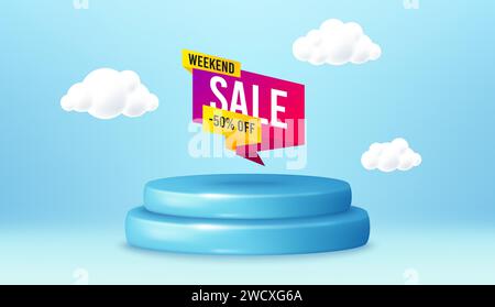Offerta weekend 50% di sconto sul banner. Forma dell'adesivo di sconto. Podio 3d di base vincente. Vettore Illustrazione Vettoriale