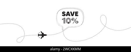 Risparmia il 10%. Cartello prezzo offerta sconto. Banner della linea del percorso di viaggio aereo. Vettore Illustrazione Vettoriale