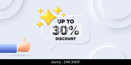 Fino al 30% di sconto. Cartello prezzo offerta di vendita. Sfondo neumorfico. Vettore Illustrazione Vettoriale