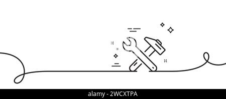 Icona linea chiave e martello. Segnale di servizio riparazione. Linea continua con arricciatura. Vettore Illustrazione Vettoriale