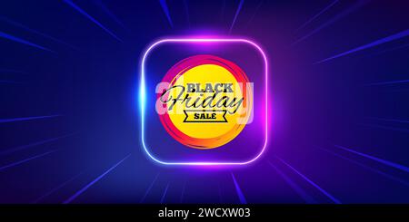 Adesivo promozionale Black friday. Forma del banner sconto. Banner per l'offerta di cornici luminose al neon. Vettore Illustrazione Vettoriale