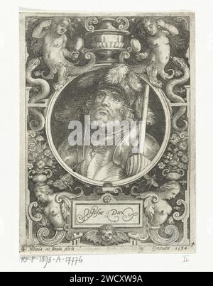Ritratto di Giosuè in medaglione all'interno di una cornice rettangolare con ornamenti, Nicolaes de Bruyn, 1594 stampa Ritratto di Giulio Cesare come generale dei tempi antichi in medaglione all'interno di una cornice rettangolare con ornamenti in forma di serpenti e scene di fantasia. Incisione su carta olandese Joshua (uno dei nove valori) Foto Stock