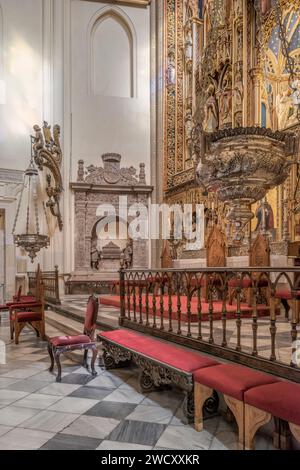 Altare maggiore, Cappella reale, tomba di Alfonso X il saggio. Pala d'altare neogotica, immagine di Santa María de Gracia nel suo spogliatoio, cattedrale di Murcia. Foto Stock