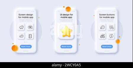 Apri sportello, consegna rapida e pacchetto icone in inglese. Per l'app Web. modelli di telefono 3d. Vettore Illustrazione Vettoriale