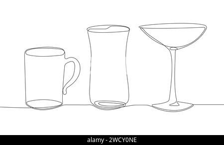 Bicchieri, bicchieri per cocktail, succhi, alcol, vino. Raccolta vettoriale di alcol Illustrazione Vettoriale