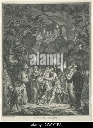 David dice addio a Michal, Simon Fokke, stampa del 1766 con fiaccolata e circondato da passanti, David dice addio alla sua prima moglie in lutto Michal in abiti militari. La stampa fa parte di una serie sulla storia di David e Saul. Carta di Amsterdam che incide la fuga di David da Saul dopo il suo matrimonio con Michal (1 Samuel 19) Foto Stock