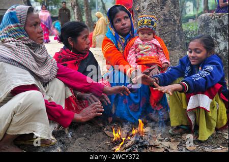 17 gennaio 2024 Sylhet-Bangladesh: Bambini e anziani soffrono a causa della crescente gravità dell'inverno. Soprattutto i residenti dei giardini del tè a Sylhet perché gli inverni sono più severi nei giardini del tè. Alcune donne e bambini prendono il calore del fuoco bruciando foglie morte e cadute per ottenere un po' di calore nel giardino da tè Tarapur. Negli ultimi giorni, la temperatura è calata in tutto il paese a causa di una forte ondata di freddo. Soffia anche il vento freddo. Di conseguenza, la vita delle persone è stata interrotta a causa dell'aumento della gravità dell'inverno. Il 17 gennaio 2024 Sylhet, Foto Stock