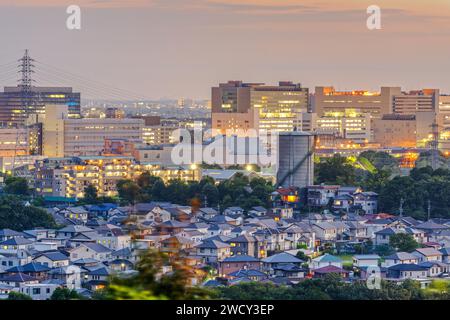 Toyotashi, Aichi, paesaggio urbano giapponese sul fiume Yahagi al crepuscolo. Foto Stock