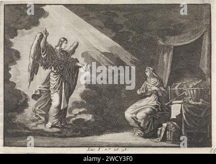 Annunciation, Jan Luyken, 1703 - 1762 Print Maker: Haarlem Editore: Amsterdam paper etching the Annunciation: Mary, di solito leggendo, è visitata dall'angelo (a volte una donna sente la conversazione) Foto Stock