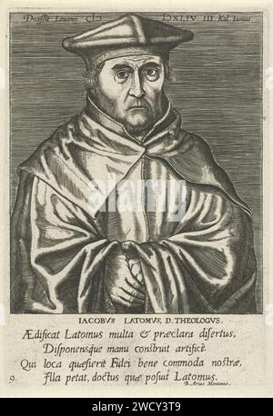 Portret Van Jacobus, Philips Galle, 1604 - 1608 stampa Ritratto di Jacobus Latomus, professore di teologia all'Università di Lovanio. La stampa ha una parte superiore e una didascalia in latino e fa parte di una serie di famosi studiosi olandesi e fiamminghi. Incisione in carta Anversa Foto Stock