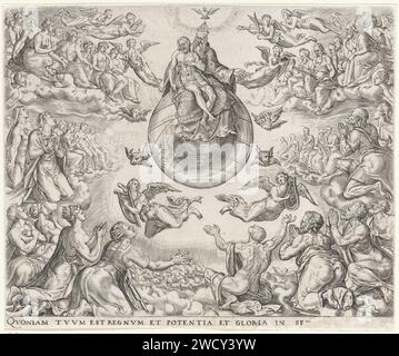Adorazione della Trinità, Johannes Wierix, dopo Maarten van Heemskerck, 1569 - 1573 stampa la trinità è adorata da persone e angeli. Dio padre siede su un globo con il suo figlio crocifisso Cristo in grembo. Sopra di loro il piccione dello Spirito Santo. In tutto il mondo i simboli dei quattro evangelisti (gli animali apocalittici) e degli angeli musicisti. Carta di Anversa che incide Dio padre che tiene il Cristo crocifisso o morto (+ angeli che fluttuano nell'aria). i quattro simboli degli evangelisti, "le bestie apocalittiche" Foto Stock