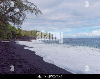 Una spiaggia di sabbia nera di Kehena nel distretto di Puna, Hawaii Foto Stock