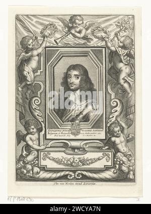 Ritratto di Don Juan II d'Austria, Frederik Bouttats (i), 1656 - 1676 stampa Ritratto in una lista ovale di Don Juan II d'Austria, governatore dei Paesi Bassi meridionali. Busto a sinistra. Don Juan indossa un'armatura. Il ritratto si trova in una cornice rettangolare tra cinque angeli. Due tengono una corona di alloro sopra il ritratto. La stampa ha una didascalia latina con il nome della persona ritratta. Cupidi per incisione su carta di Anversa: "Amores", "Amoretti", "Putti" Foto Stock