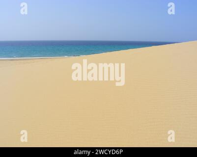 Incontro tra dune di sabbia, oceano e cielo blu sull'isola di Fuerteventura. Foto Stock