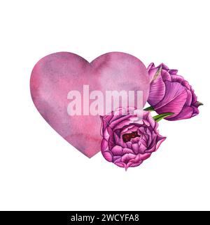 Semplice acquerello rosa-blu lilla ascolta i tulipani viola per un biglietto da visita o una t-shirt di San Valentino. Romanticismo, relazione e amore. Illus cardiaco Foto Stock