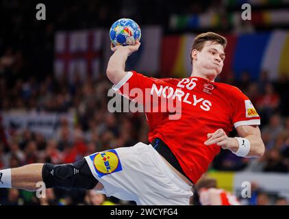 Amburgo, mercoledì 17 gennaio 2024. Il danese Lukas Jorgensen durante la partita CE tra Danimarca e Paesi Bassi alla Barclays Arena di Amburgo, mercoledì 17 gennaio 2024. Foto Stock