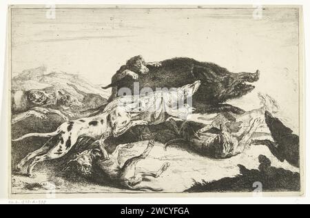 I cani cacciano un cinghiale, Peeter Boel, c. 1650 - c. 1674 stampa Wildezwijnenjacht. Un branco di cani guida un cinghiale. caccia al cinghiale con incisione della carta sconosciuta Foto Stock