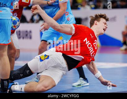 Amburgo, mercoledì 17 gennaio 2024. Il danese Lukas Jorgensen durante la partita CE tra Danimarca e Paesi Bassi alla Barclays Arena di Amburgo, mercoledì 17 gennaio 2024. Foto Stock