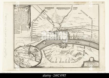 Mappa di Bonn, 1703, Anonimo, 1703 cartina di Bonn e del paese circostante, assediata dagli Alleati dal 5 maggio 1703 e resa dai francesi il 16 maggio. Mappe cartacee delle città dei Paesi Bassi settentrionali. Assedio, posizione guerra Bonn Foto Stock