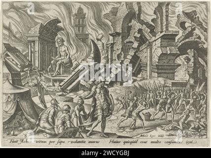 La distruzione dell'IA e la lapidazione di Achan, Philips Galle, dopo Maarten van Heemskerck, 1569 stampe nella città di ai, le case, i templi e gli idoli si accendono in fiamme. Davanti a sinistra un campo di soldati. Achan e la sua famiglia sono lapidati davanti. L'incisione di carta di Haarlem Achan, la sua famiglia e i suoi beni (compreso il bottino rubato) vengono portati nella valle di Achor per essere lapidati Foto Stock