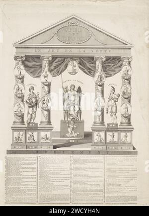 Gioco a dadi con regole, Jan Gerritsz. Visser, dopo Jan Voorman, 1798 stampa sopra personificazioni di virtù e vizi in un edificio classico con colonne ioniche e un frontone. A sinistra la personificazione della prosperità con un corno con monete e un ramo con possibili foglie di quercia. Sinistra e destra dei suoi medaglioni con personificazioni di sincerità, gratitudine, lealtà, amore e carità. Questo include la pavimentazione di ragazzi, orgoglio e pigrizia. Al centro la virtù alata con una lancia, una corona di alloro e un corno di abbondanza. Prova su un'elevazione su cui il vizio, che calpesta le tabelle wi Foto Stock