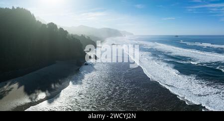 Il sole splende sulla costa dell'Oregon, vicino a Cannon Beach. Questa regione, dove la foresta incontra l'oceano, è conosciuta per la sua splendida costa. Foto Stock