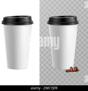 illustrazione dell'icona vettoriale realistica 3d. Tazza di caffè in carta con coperchio nero. Illustrazione Vettoriale