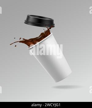 illustrazione dell'icona vettoriale realistica 3d. Tazza di caffè di carta bianca con spruzzo di caffè. Illustrazione Vettoriale