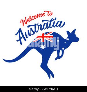 Benvenuto in Australia, canguro con bandiera. Silhouette di canguro che salta con bandiera nazionale e testo. Illustrazione vettoriale Illustrazione Vettoriale