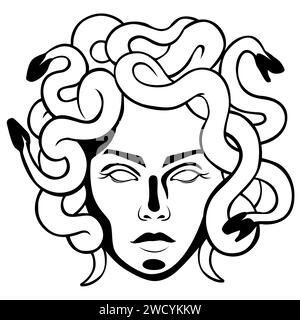 Antica testa gorgon medusa. Creatura mitica serpente con serpenti Illustrazione Vettoriale