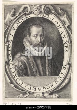 Ritratto di Johannes Wtenbogaert, Crispijn Van De Fasse (i), 1574 - 1637 stampa Ritratto del pastore Johannes Wtenbogaert. Alla fine del XVI secolo, divenne pastore di corte del principe Maurizio. incisione su carta sconosciuta Foto Stock