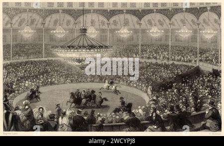 1850 c. , FRANCIA : il compositore francese HECTOR BERLIOZ ( 1803 - 1869 ). Il CIRCUS CHAMPS ELYSEES , PARIGI . progettato dall'architetto Jacques Hittorff e costruito nel 1841, l'edificio mostrato in questa stampa è stato conosciuto con vari nomi, tra cui il Cirque National, il Cirque des Champs-Élysées e il Cirque Olympique des Champs-Élysées. Inizialmente utilizzato per spettacoli equestri, come quelli della troupe chiamata Théâtre Franconi, divenne anche il sito di sei concerti musicali diretti dal compositore Hector Berlioz nel 1845. È stato raso al suolo nel 1902 . Incisione di Eugene Lami e CH Foto Stock