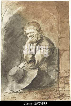 Uomo seduto, Jurriaan Cootwijck, dopo Rembrandt van Rijn, 1724 - 1798 stampa Un uomo è in una nicchia. Sostiene la testa con una mano. Tiene il cappello nell'altra mano. Figura seduta di carta di Amsterdam (+ maschio adulto (essere umano)) Foto Stock