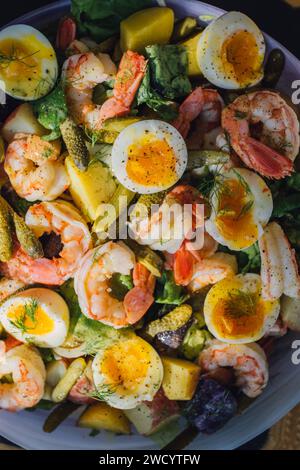 insalata colorata con uova sode, gamberi, sottaceti, lattuga al burro, finocchio Foto Stock