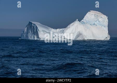 Iceberg nella baia di Elsehul, blocchi grandi e sfumati di blu, sostenuti da montagne innevate, scolpite dalle onde durante il viaggio dall'Antartide Foto Stock