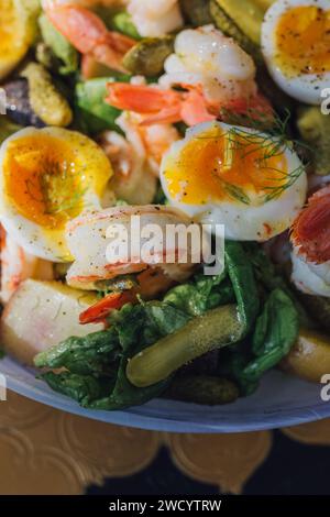 insalata colorata con uova sode, gamberi, sottaceti, lattuga al burro, finocchio Foto Stock