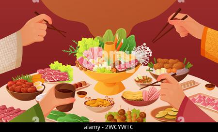 Tradizionale riunione di famiglia con cena di riunione o vigilia del felice Capodanno cinese. Tavolo per la casa o il ristorante con stuzzichini e pasti, mani di mangiare persone con bacchette illustrazioni vettoriali di cartoni animati Illustrazione Vettoriale