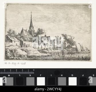 Vista di un villaggio sull'acqua, Anthonie Waterloo, 1630 - 1717 stampa sull'acqua è un villaggio con una chiesa. Nelle barche a vela. Davanti a sinistra una donna fa il bucato. In alto a sinistra, viene visualizzata la lettera D. Amsterdam (forse) paesaggi cartaceo con acque, paesaggi acquatici, paesaggi marini (nella zona temperata). villaggio. chiesa (esterno). barca a vela, barca a vela. riciclaggio Foto Stock