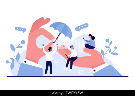Supporto e cura del leader aziendale per il benessere dei dipendenti. Mani giganti del capo o del datore di lavoro che tengono ombrello su piccoli impiegati per aiutare, proteggere e mantenere al sicuro le illustrazioni vettoriali dei cartoni animati Illustrazione Vettoriale