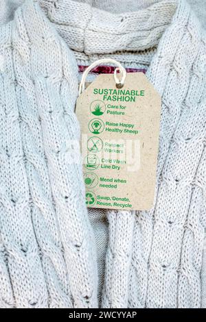 etichetta di moda sostenibile su maglione di lana con icone e testo per la cura, consumismo etico ed ecologico Foto Stock